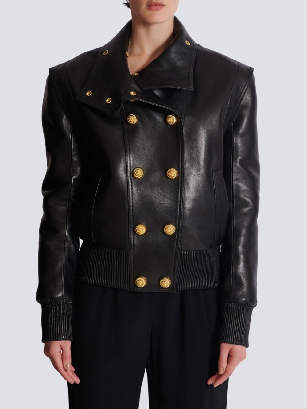 Balmain Black Leather Double-Breasted Jacket with Gold Buttons